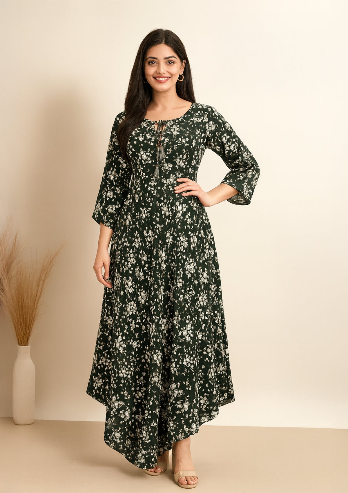 Dark Green Floral Rayon One Piece Gown – Elegant Fit and Flare
