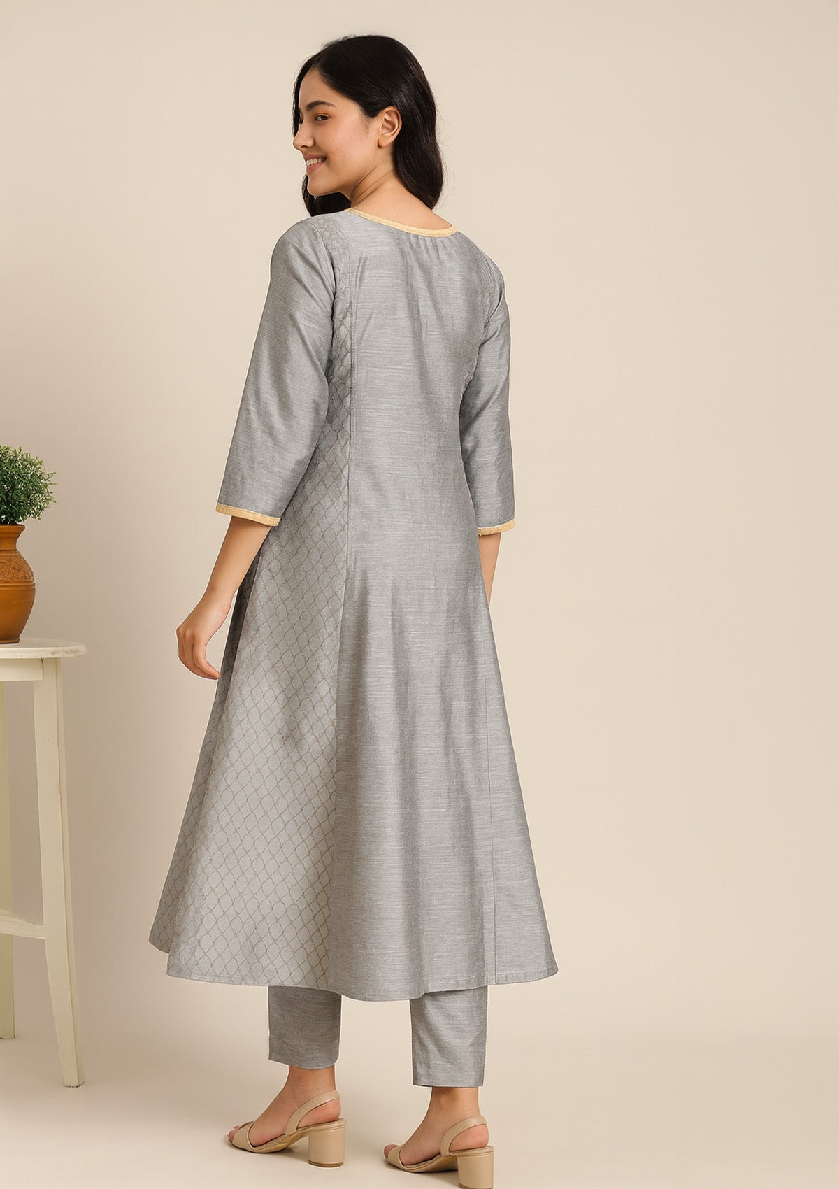 Grey Silk Designer Kurti with Stone & Embroidery Work