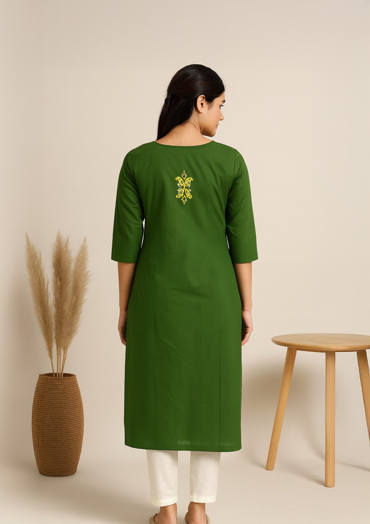 ClothingSutra Chikankari Embroidered Cotton Kurti – Bottle Green