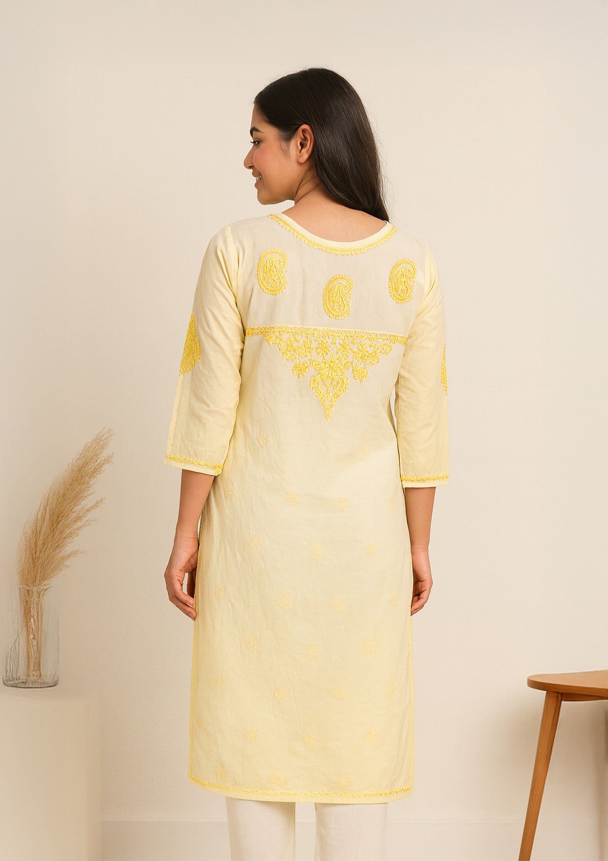 Chikankari Embroidered Women’s Kurti – Yellow (Cotton)
