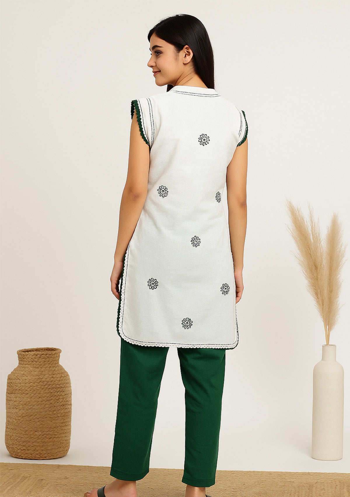 Chikankari Sleeveless Short Kurta Set – White & Green with Pants