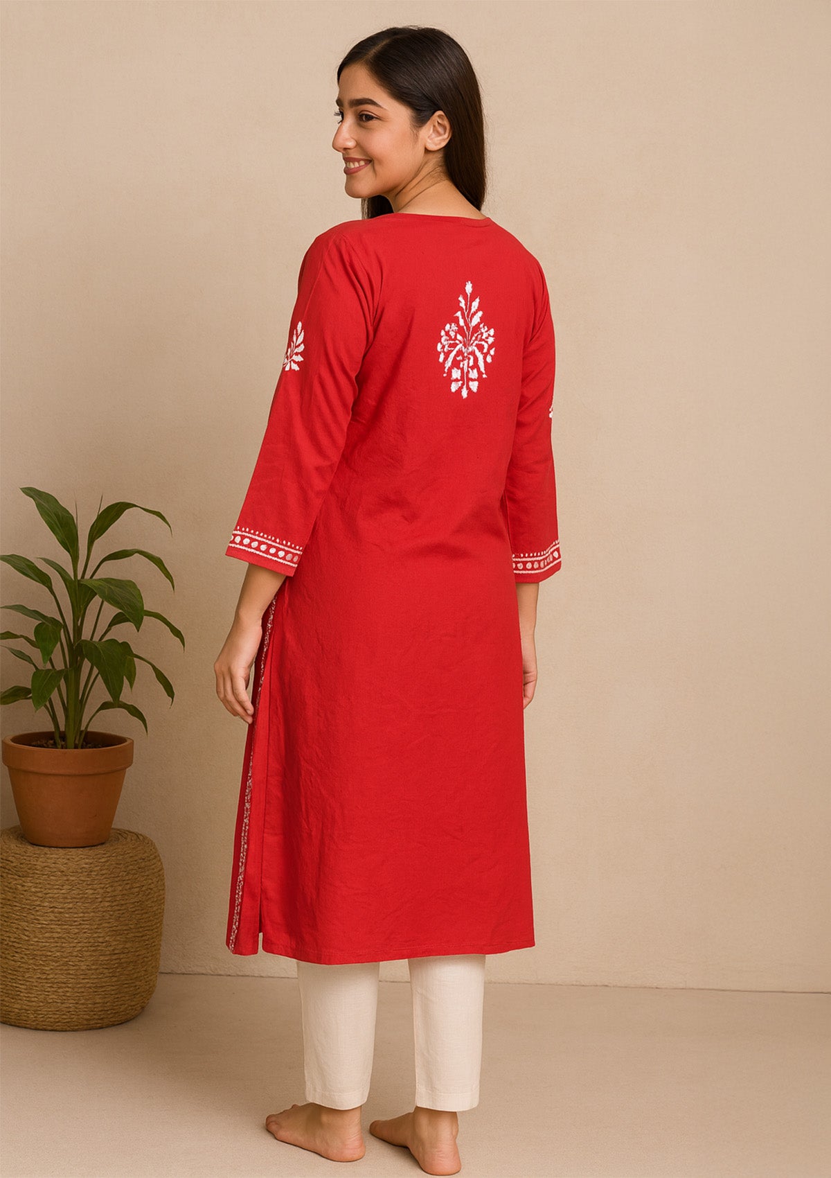 ClothingSutra Chikankari Embroidered Rayon Kurti – Elegant Red