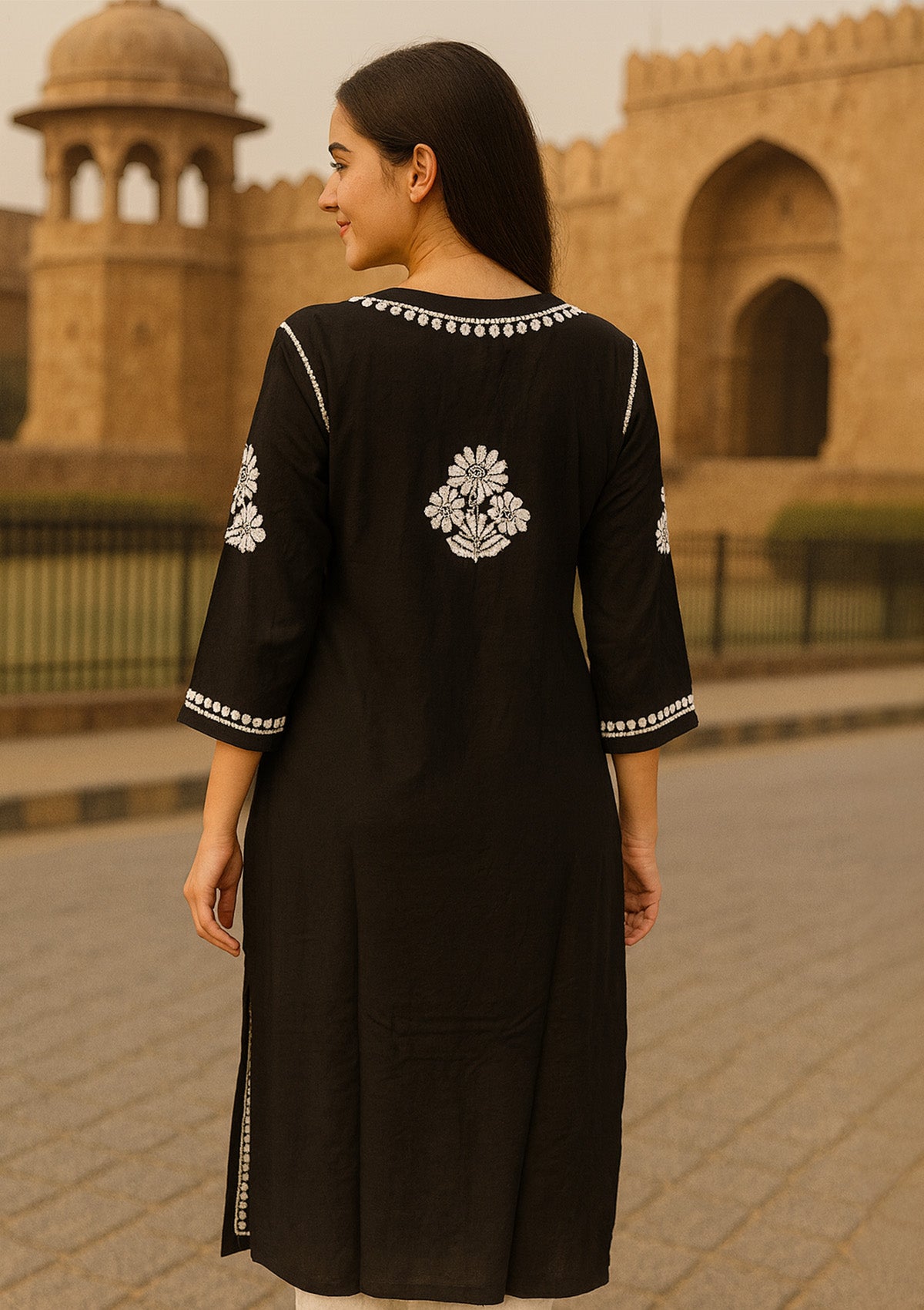 Chikankari Solid Women’s Long Kurta – Black (Small)