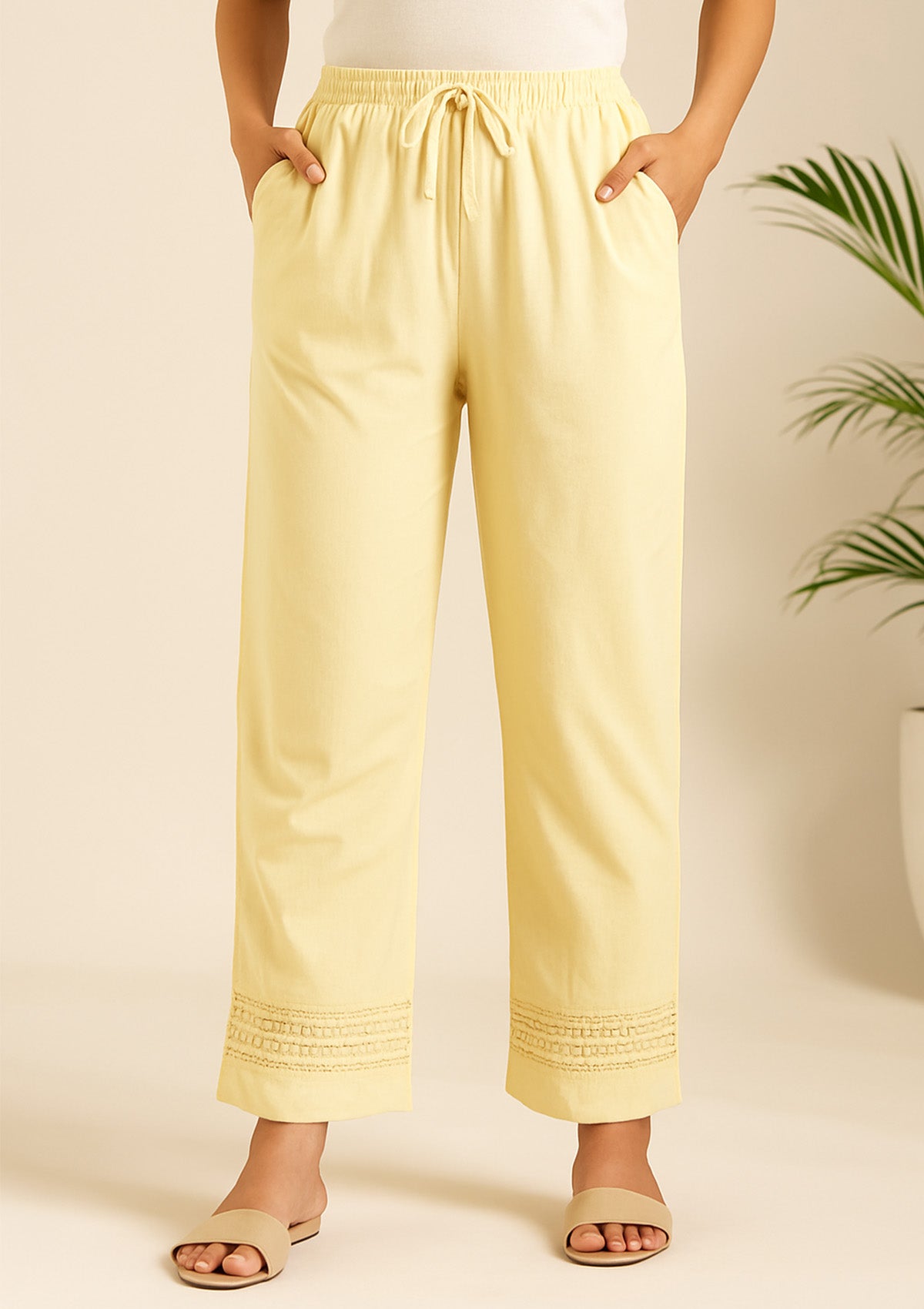 Yellow Beige Rayon Palazzo Pants – Smocked Hem Straight Fit
