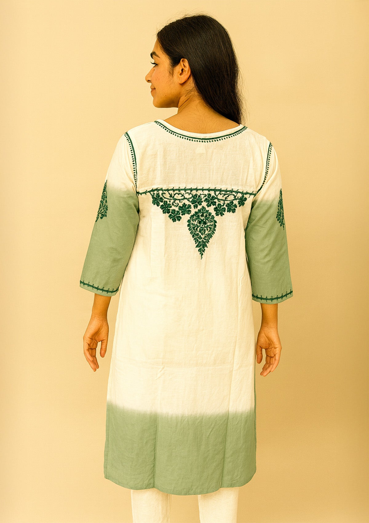 Chikankari Embroidered Women’s Kurti – Green & White (Cotton)