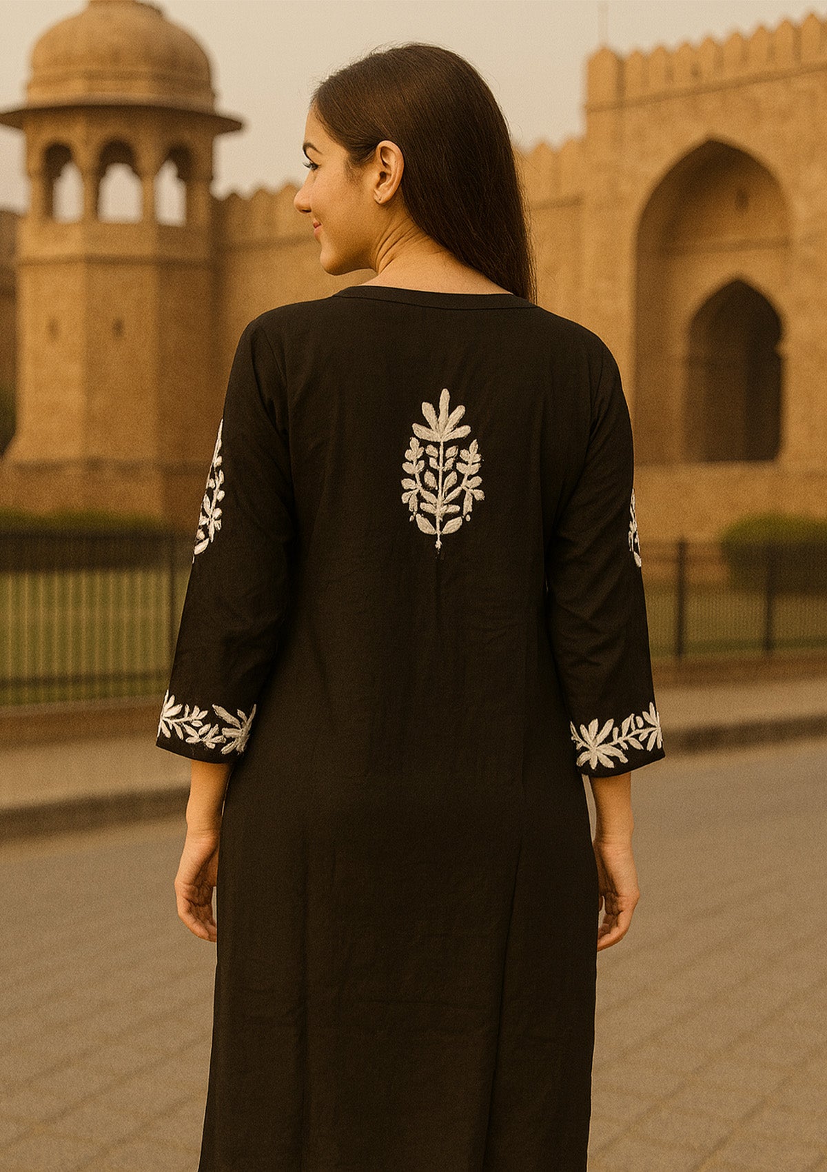 Chikankari Solid Women’s Long Kurta – Black Heritage Floral