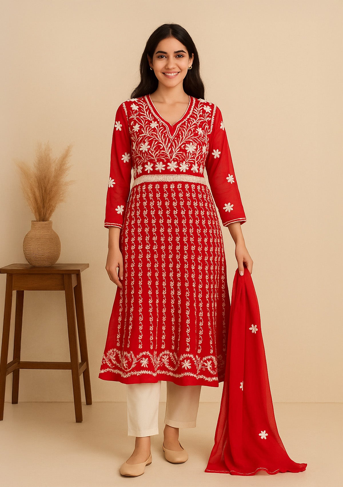 Red Georgette Kurti with Dupatta & Intricate Embroidery