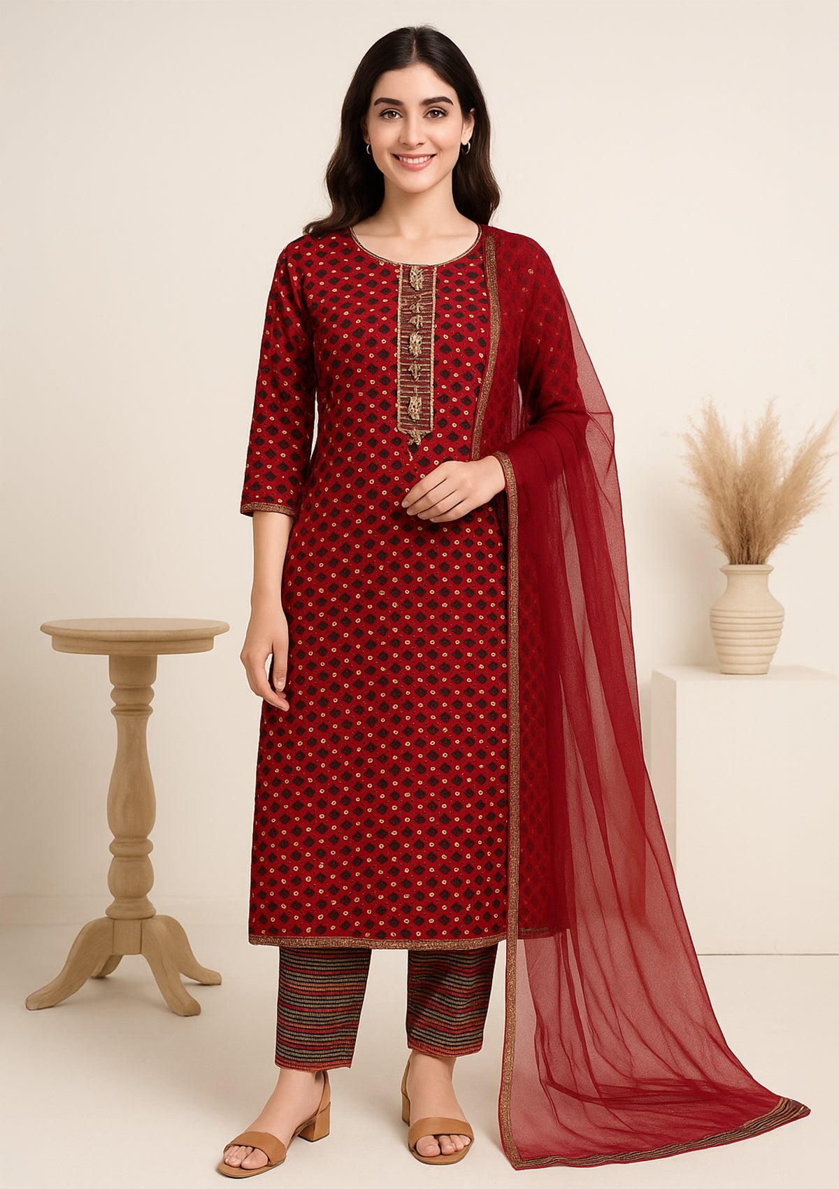 Elegant Maroon Jam Cotton Unstitched Suit Set with Exquisite Embroidery
