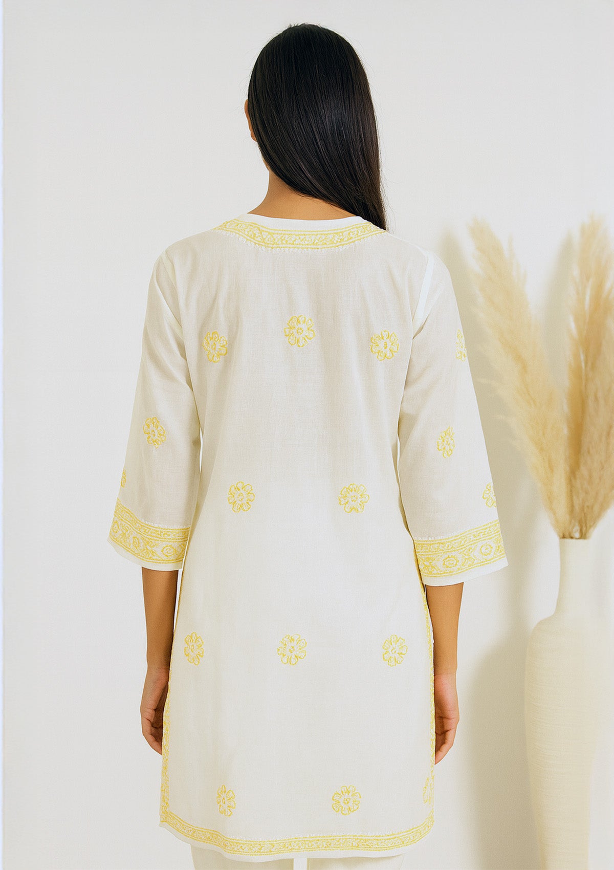 ClothingSutra Chikankari Embroidered White Cotton Kurti – Sunshine Yellow Detailing