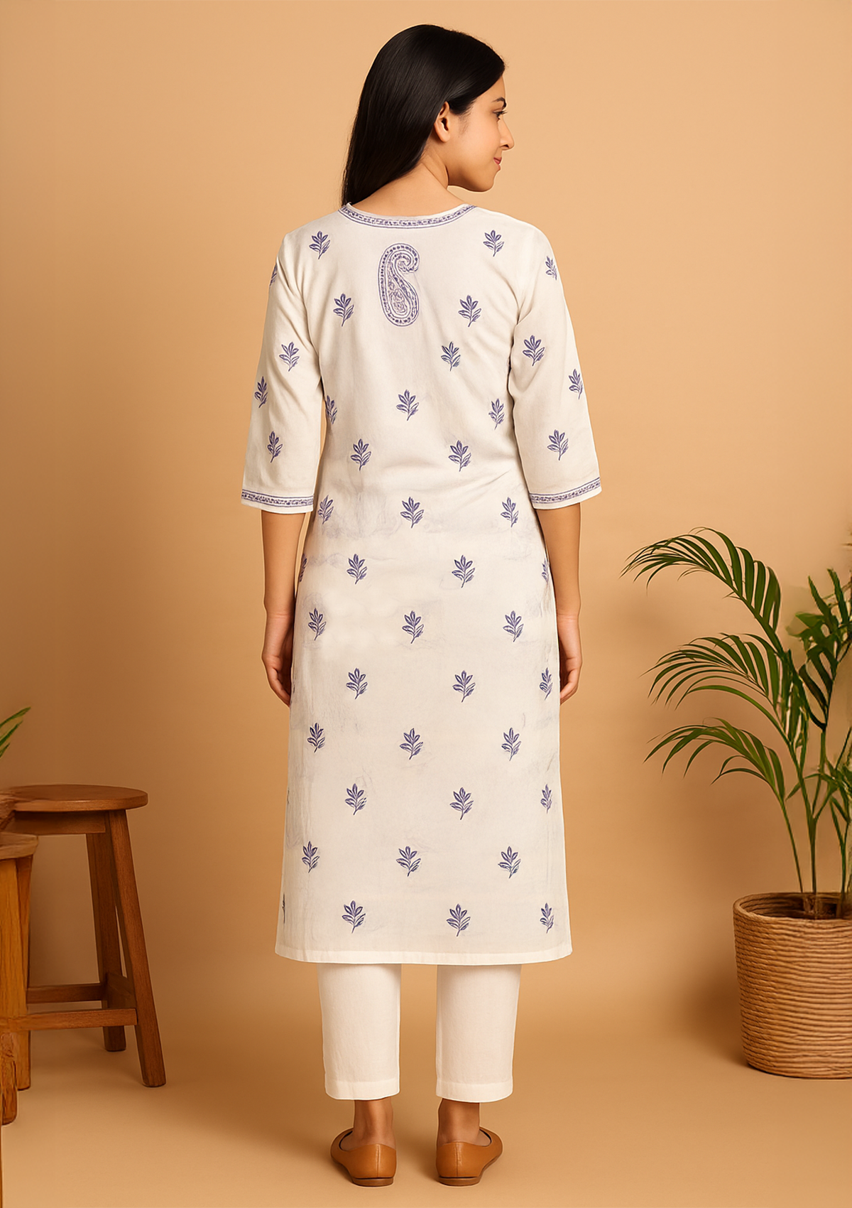 ClothingSutra Chikankari Embroidered Cotton Kurti – Ivory White with Purple Threadwork