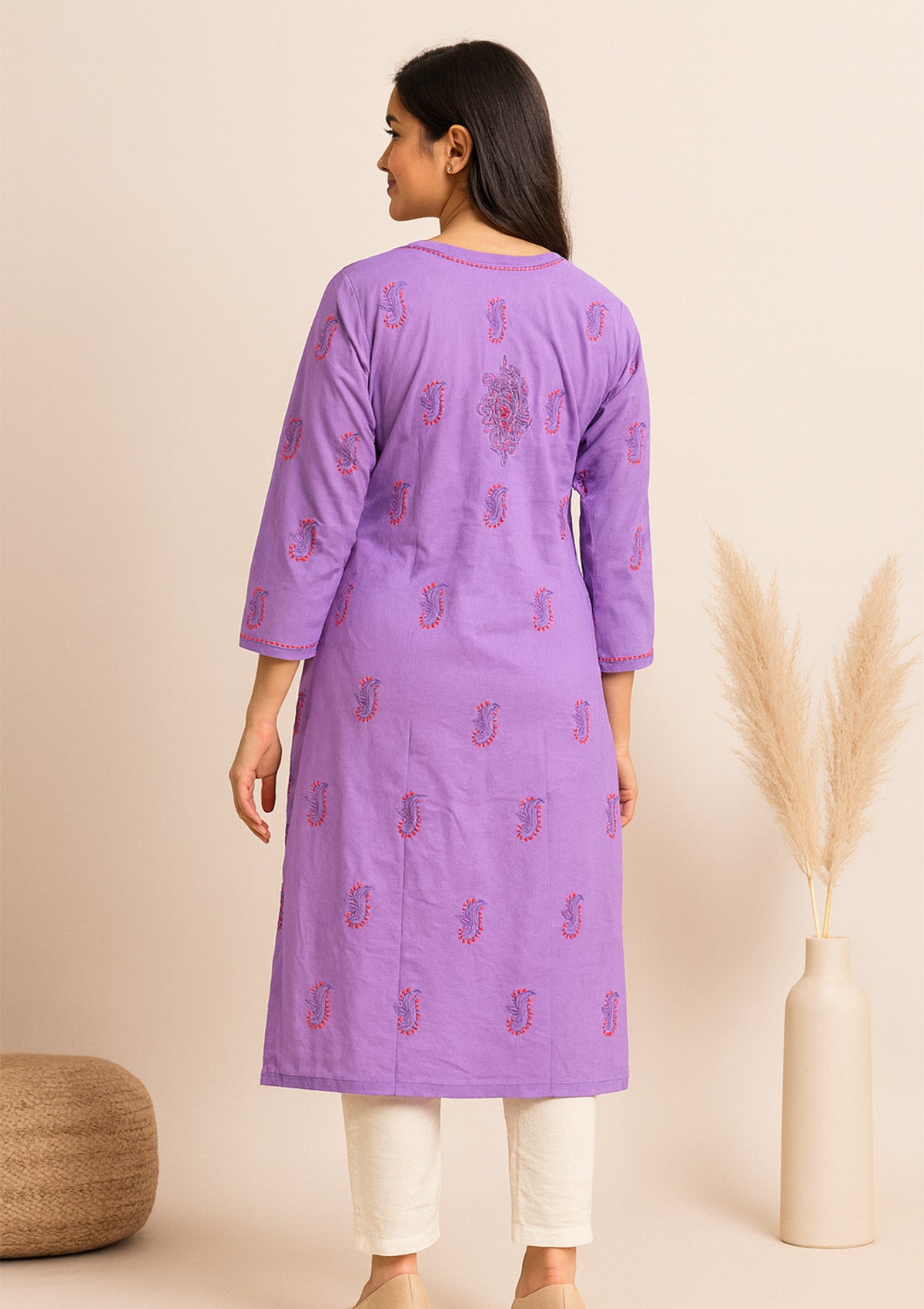 ClothingSutra Lavender Cotton Kurti with Multicolor Embroidery – Elegant Everyday Wear