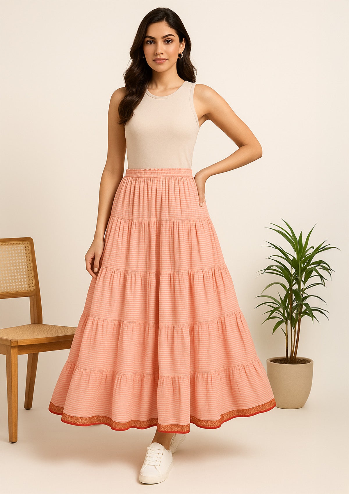 Women’s Peach Stripe Cotton Long Skirt – Tiered Maxi Skirt