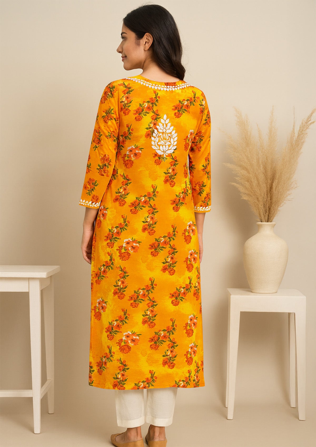 Chikankari Floral Women’s Long Kurta – Yellow with White Embroidery