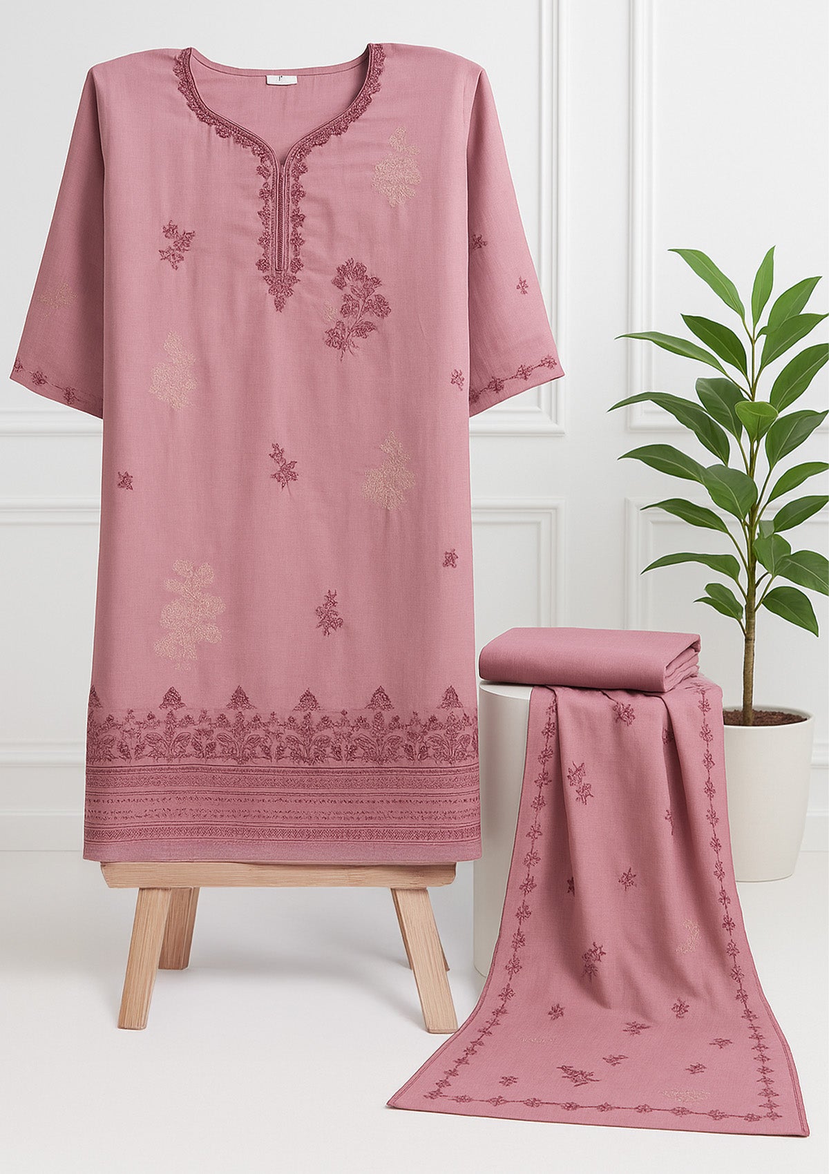 Unstitched Woolen Suit Set with Stole – Pastel Pink Embroidery