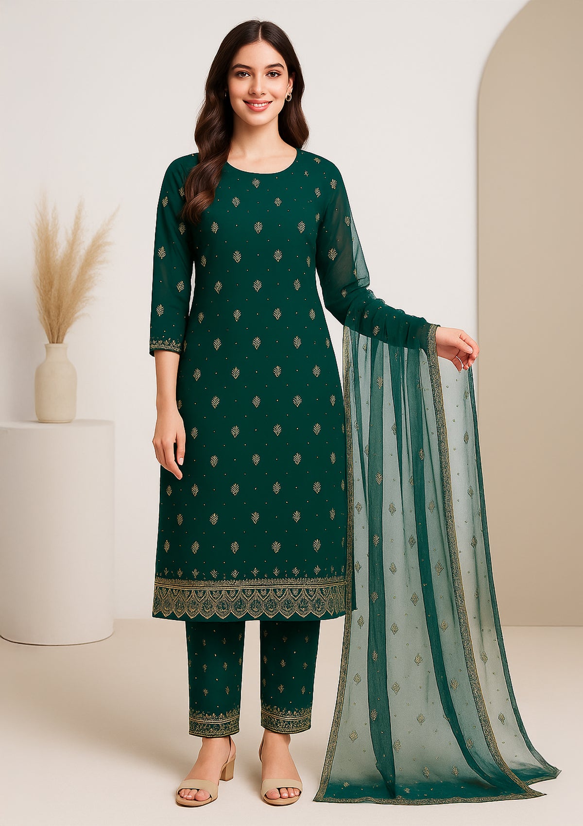 Elegant Dark Green Georgette Unstitched Suit with Embroidery Work