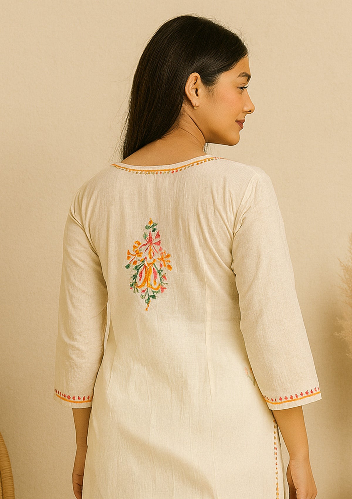 Multicolor Hand-Embroidered Chikankari Kurta – White Base
