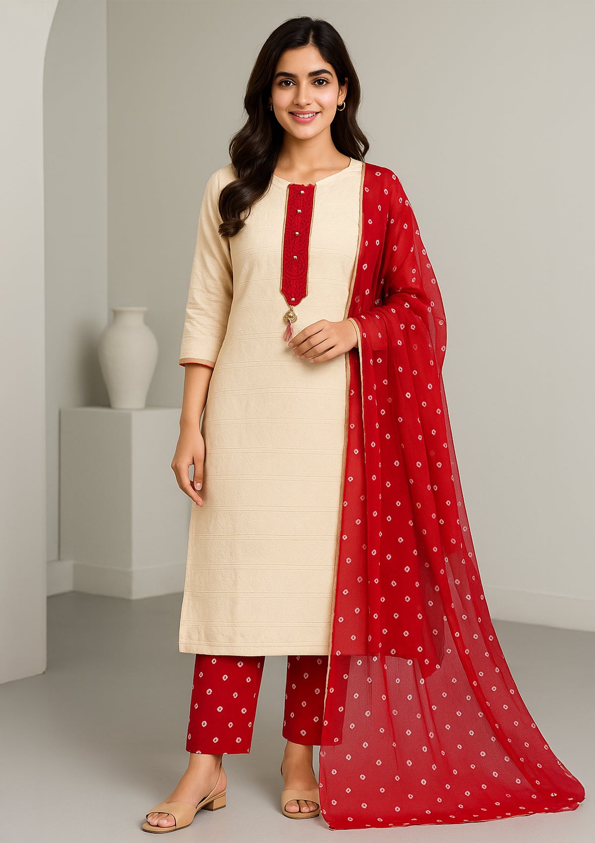 Off-White Textured Cotton Unstitched Suit Set with Red Decorative Panel