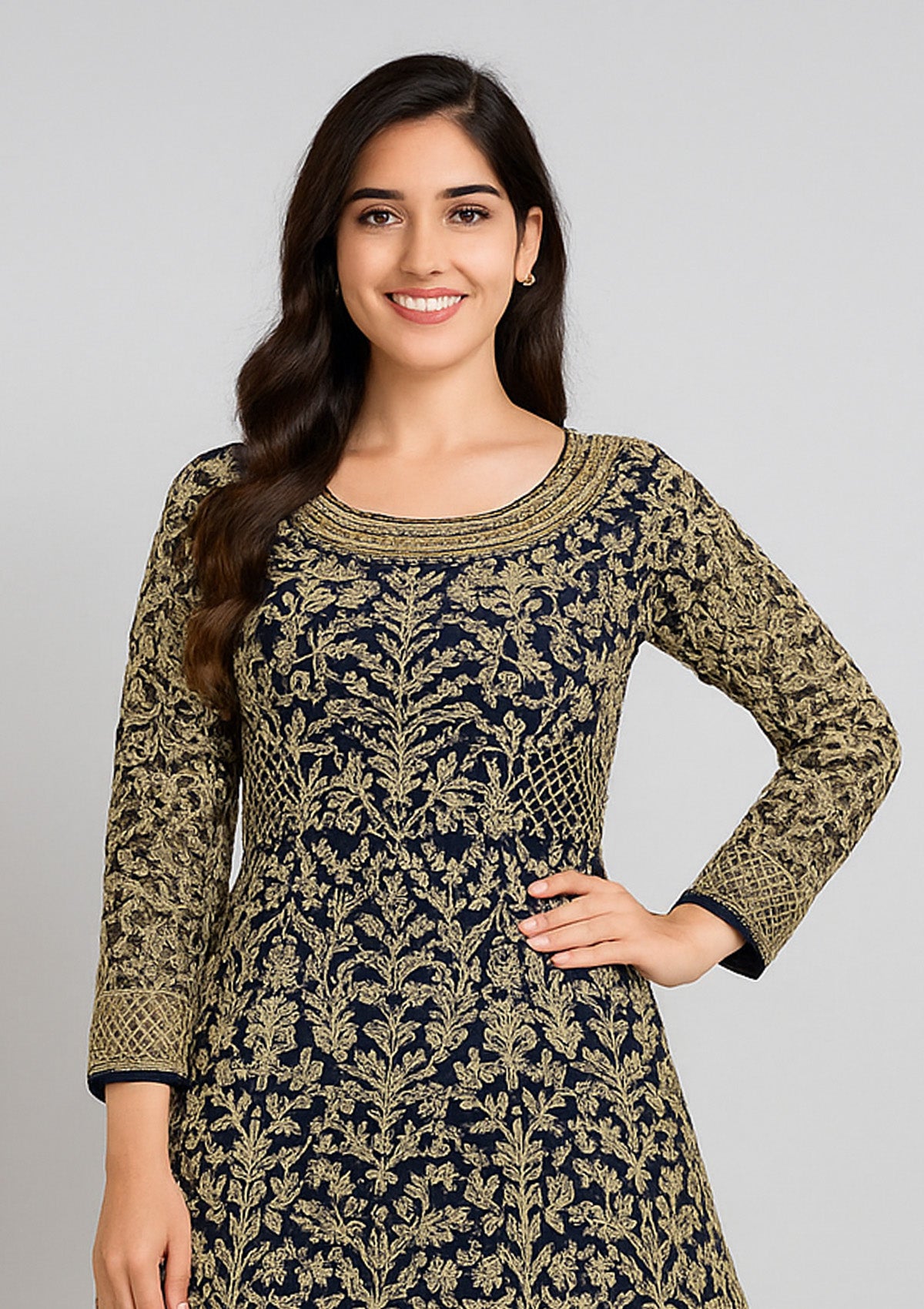 Heavy Net Navy Blue & Golden Embroidered Gown – Designer Dress