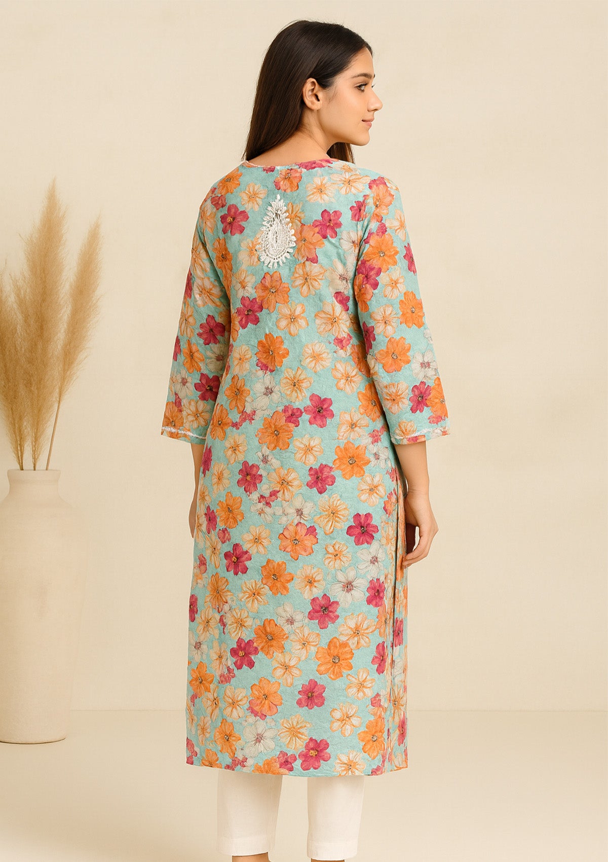 Chikankari Floral Printed Women’s Long Kurta – Aqua Blue with Multicolor Flowers