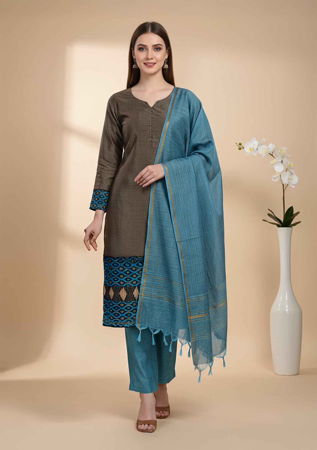 Brown & Blue Bamboo Silk Unstitched Suit with Woven Border