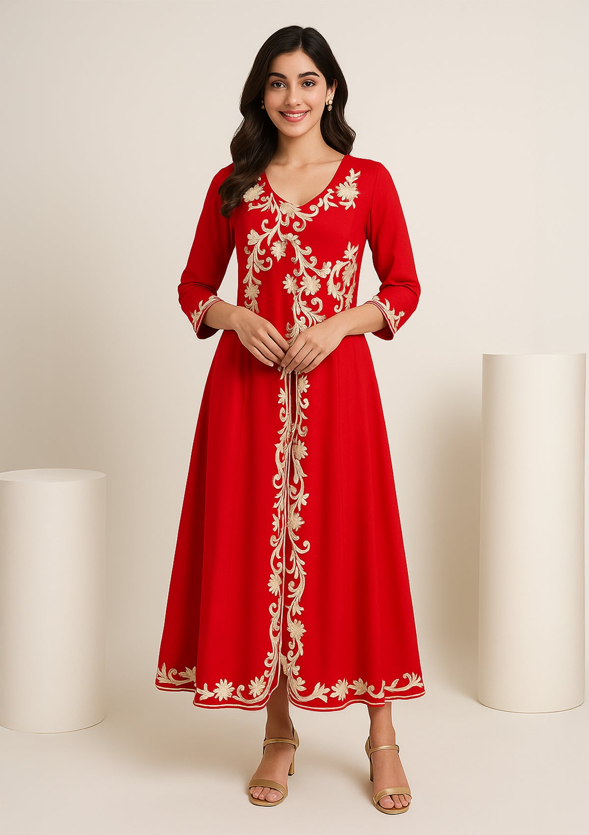 Red Georgette Embroidered One Piece Gown – Designer Golden Thread Work