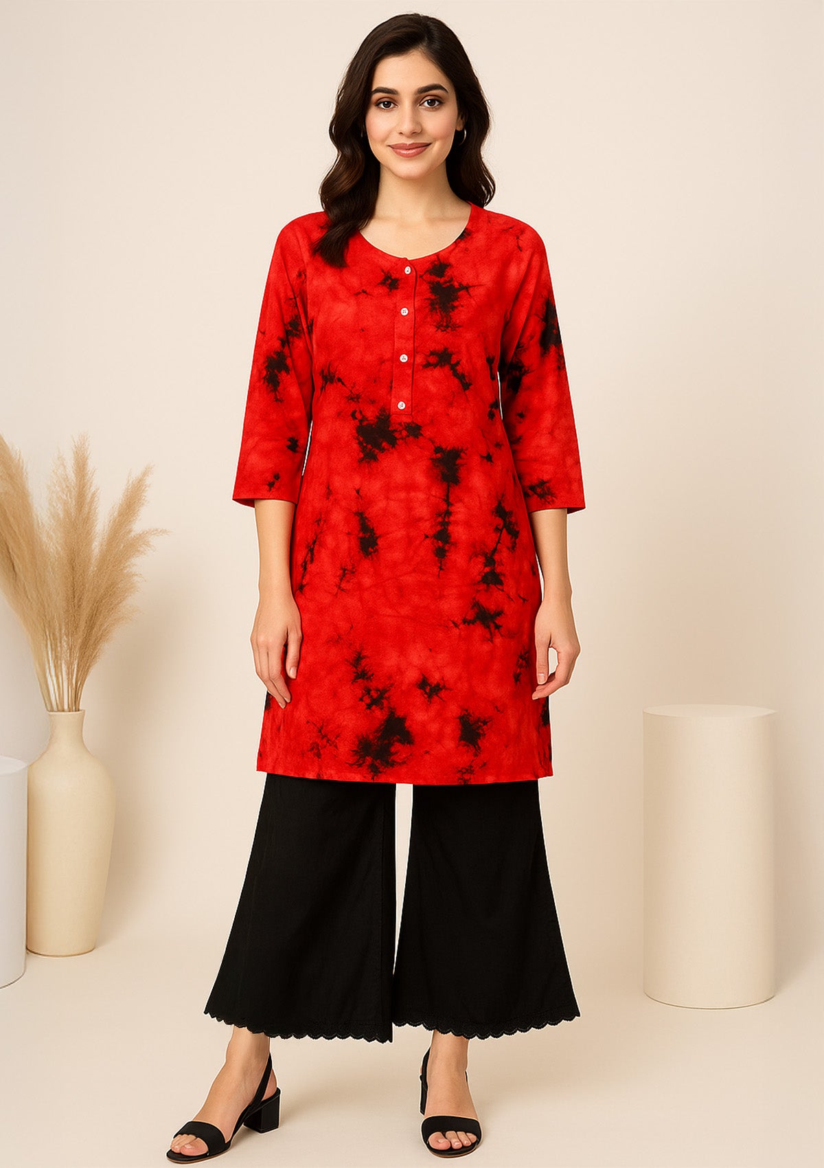 Designer Red and Black Tie-Dye Cotton Kurti with White Button Detailing