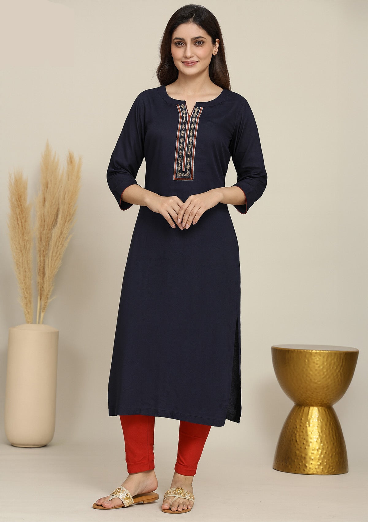 Blue Rayon Kurti with Red Pants & Embroidered Neckline