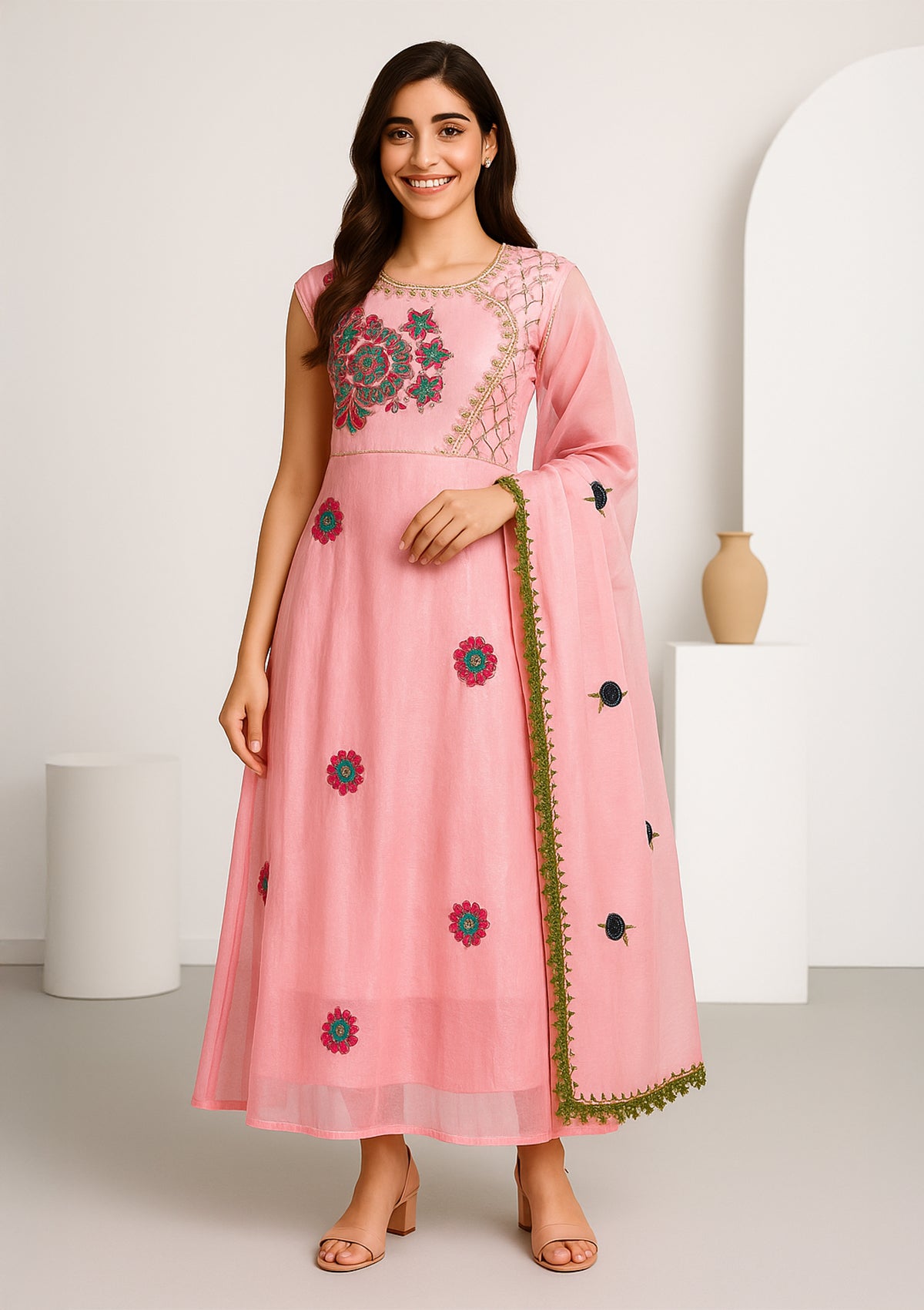 Chanderi Pink Dual Layered Gown with Embroidery & Dupatta