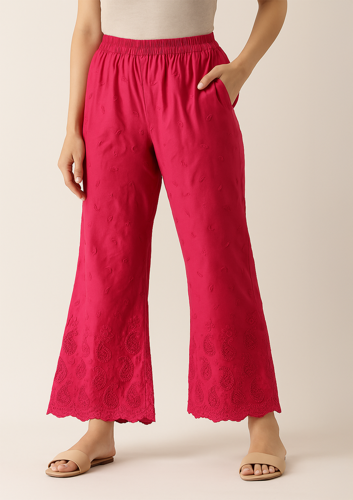Women’s Hot Pink Rayon Palazzo – Chikankari Embroidery Ethnic Pant