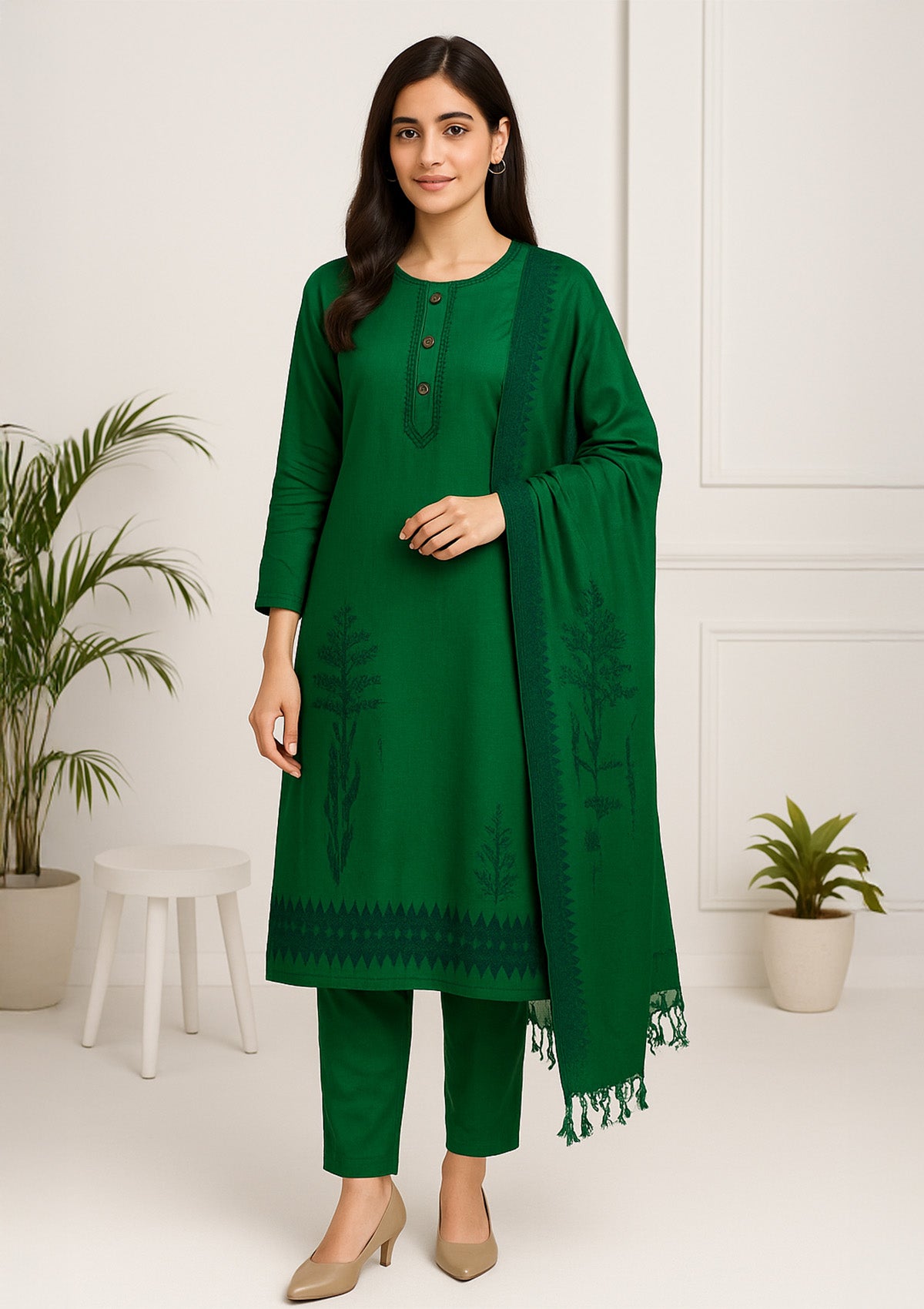 Unstitched Woolen Suit Set with Stole – Emerald Green