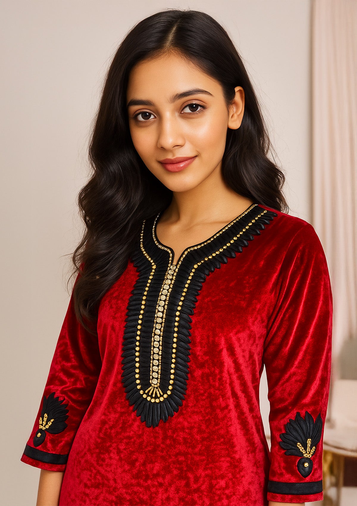 Red Velvet Embellished Kurti – Deep V Yoke & Bead Work