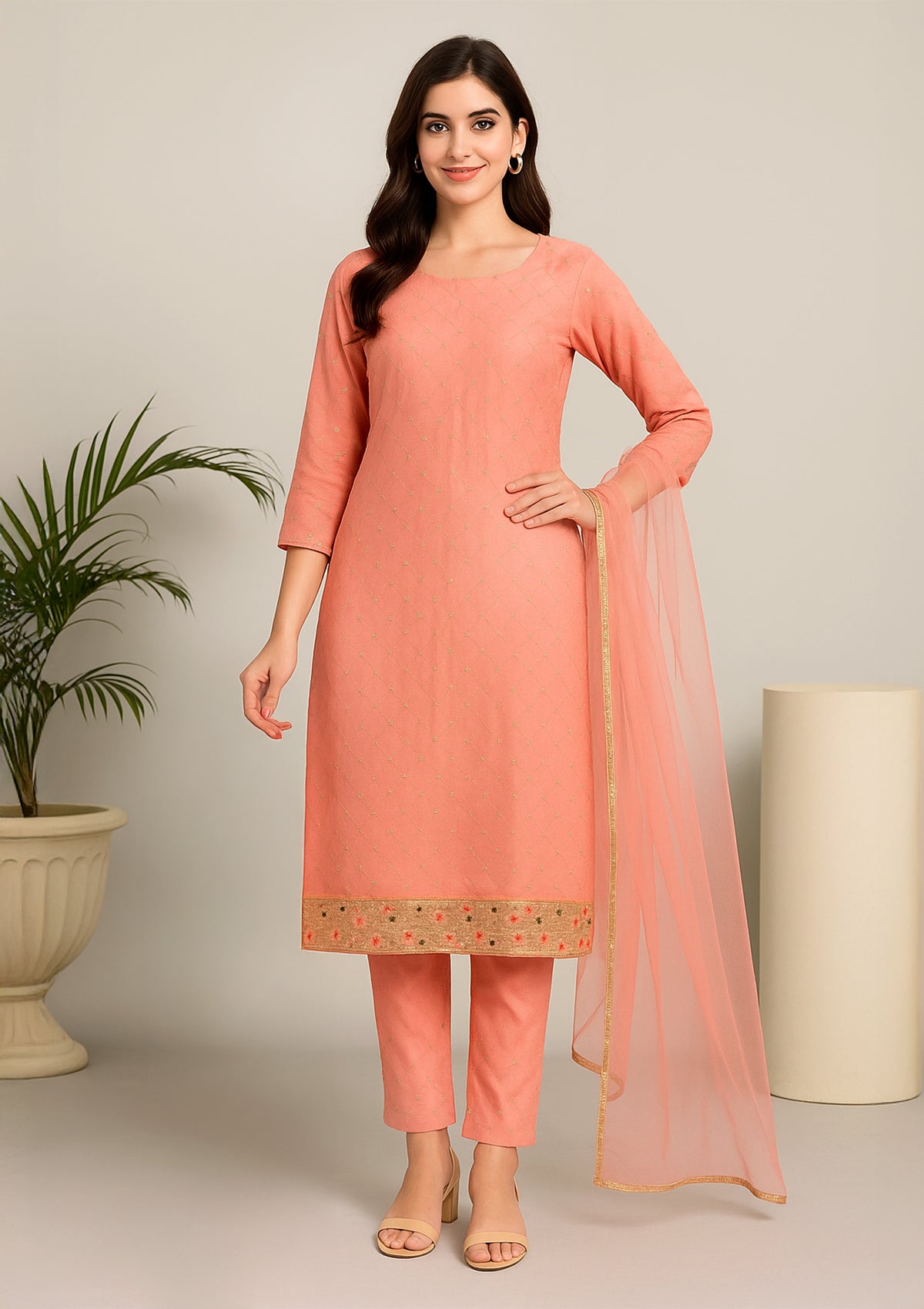 Peach Silk Unstitched Suit Set with Sequin Embroidery