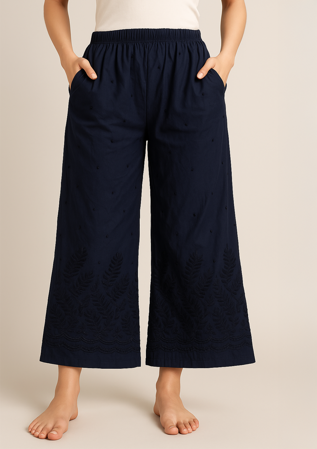 Women’s Navy Blue Rayon Palazzo – Chikankari Embroidery Ethnic Pant