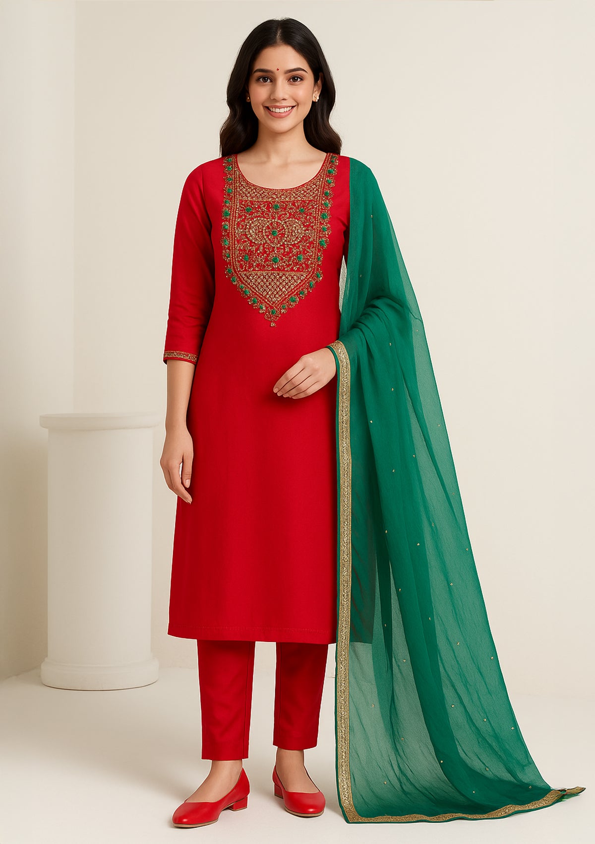 Designer Red Silk Embroidered Unstitched Suit with Green Chiffon Dupatta