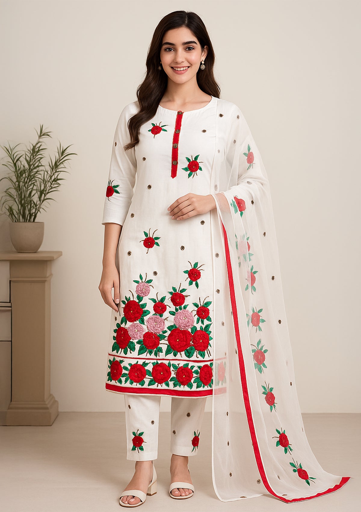 White Embroidered Cotton Unstitched Suit Set with Red & Pink Floral Work