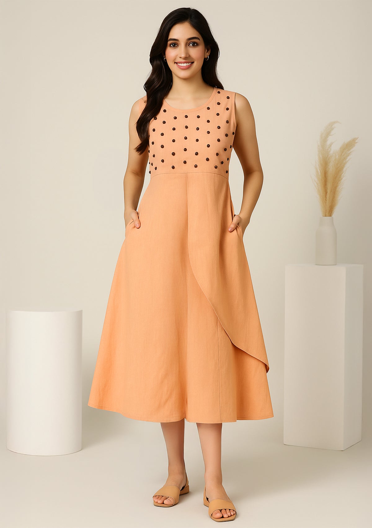 Peach Chanderi Silk Sleeveless One Piece Gown – Designer Handwork Yoke