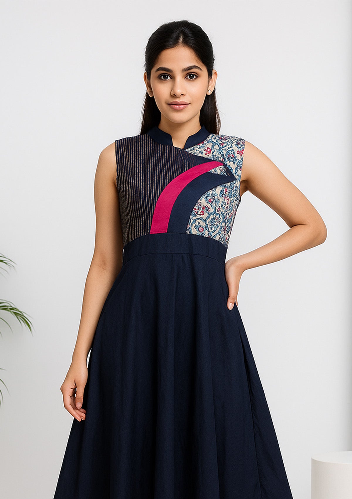 Women’s Navy Blue & Floral Rayon A-Line Kurti – Designer Yoke