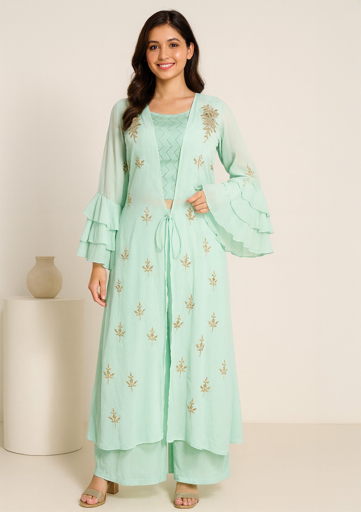 Mint Green Georgette Palazzo Set with Embroidered Shrug