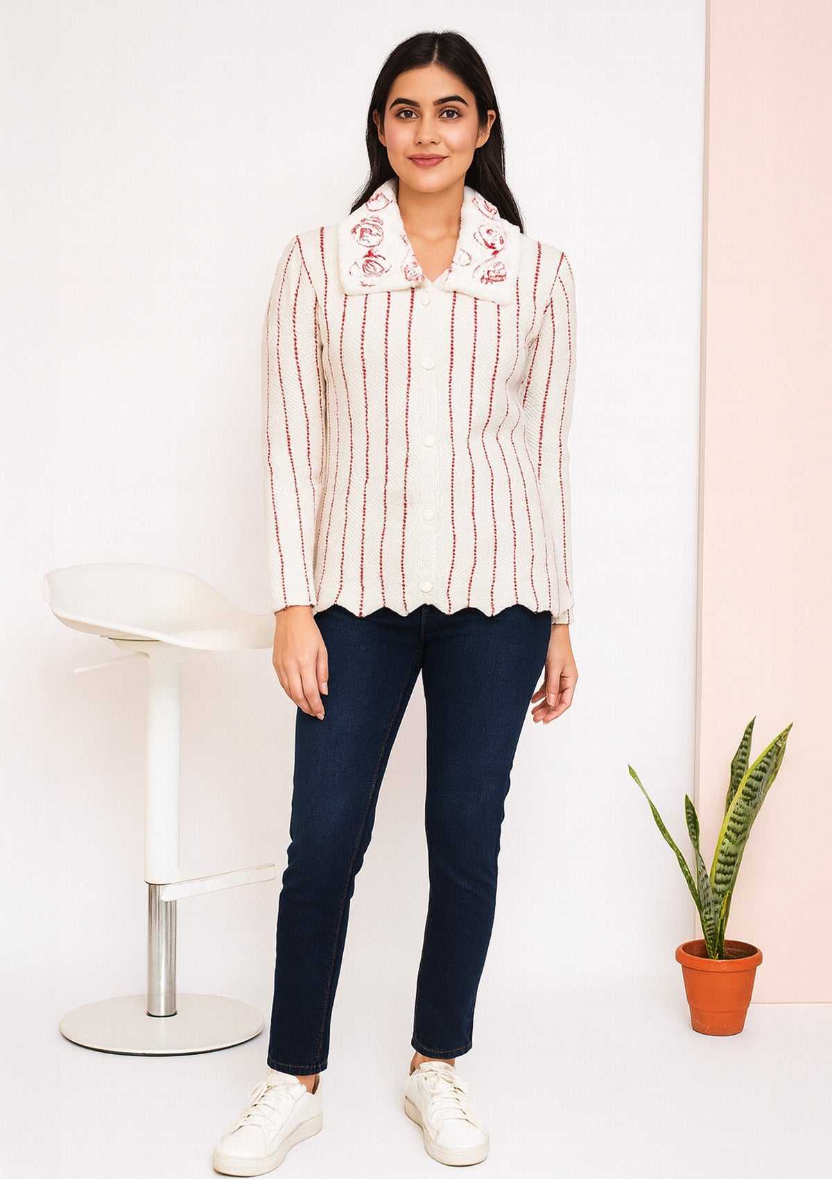 Victoria White & Red Designer Woolen Cardigan – Buttoned