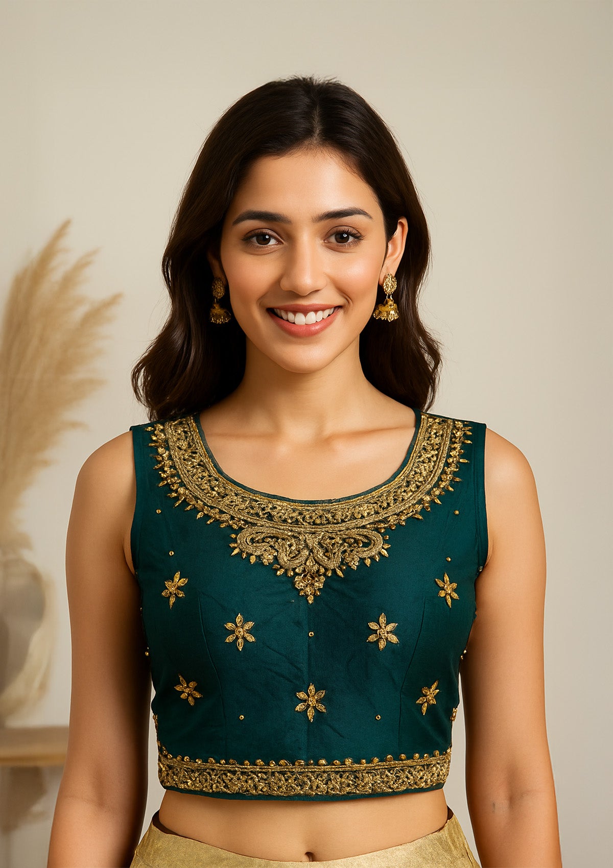 Designer Green Tafeta Silk Embroidered Top with Golden Skirt