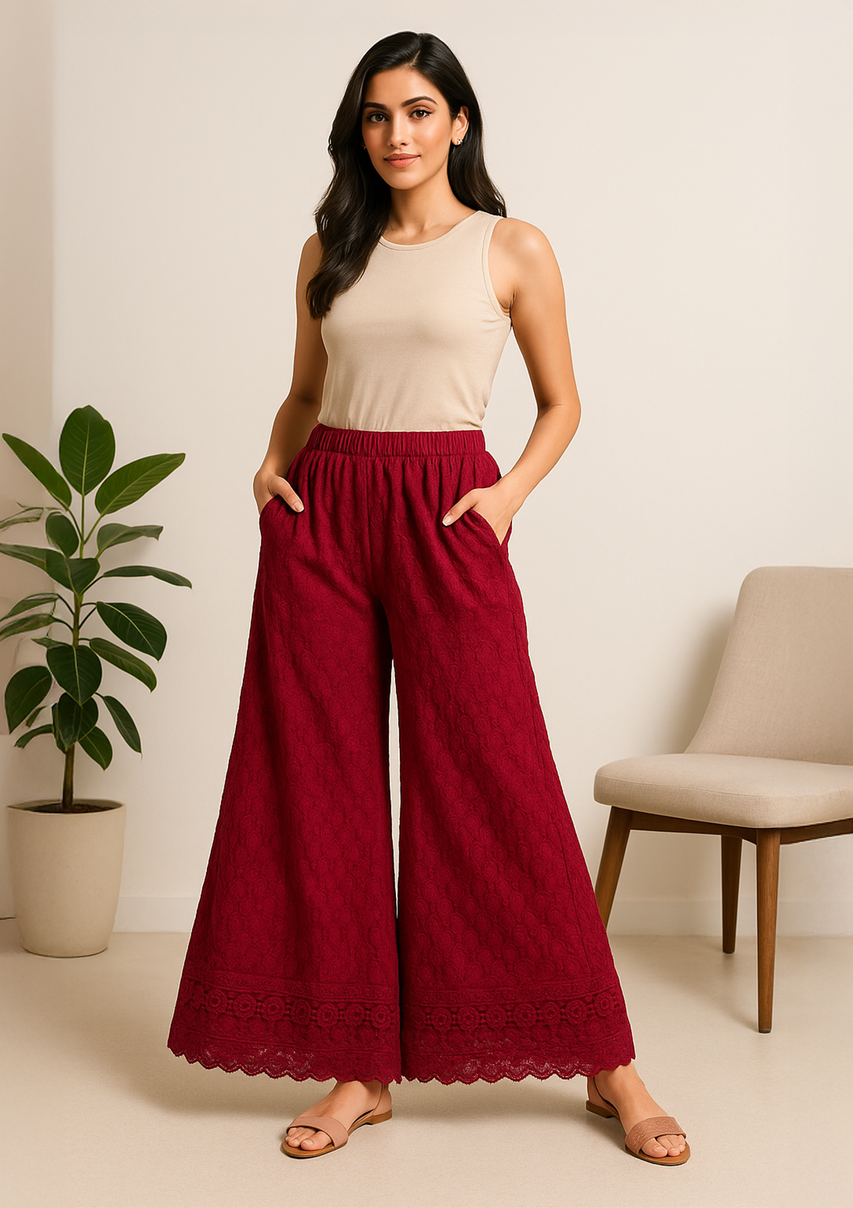 Maroon Rayon Palazzo – Chikankari Embroidery Wide Leg Pants