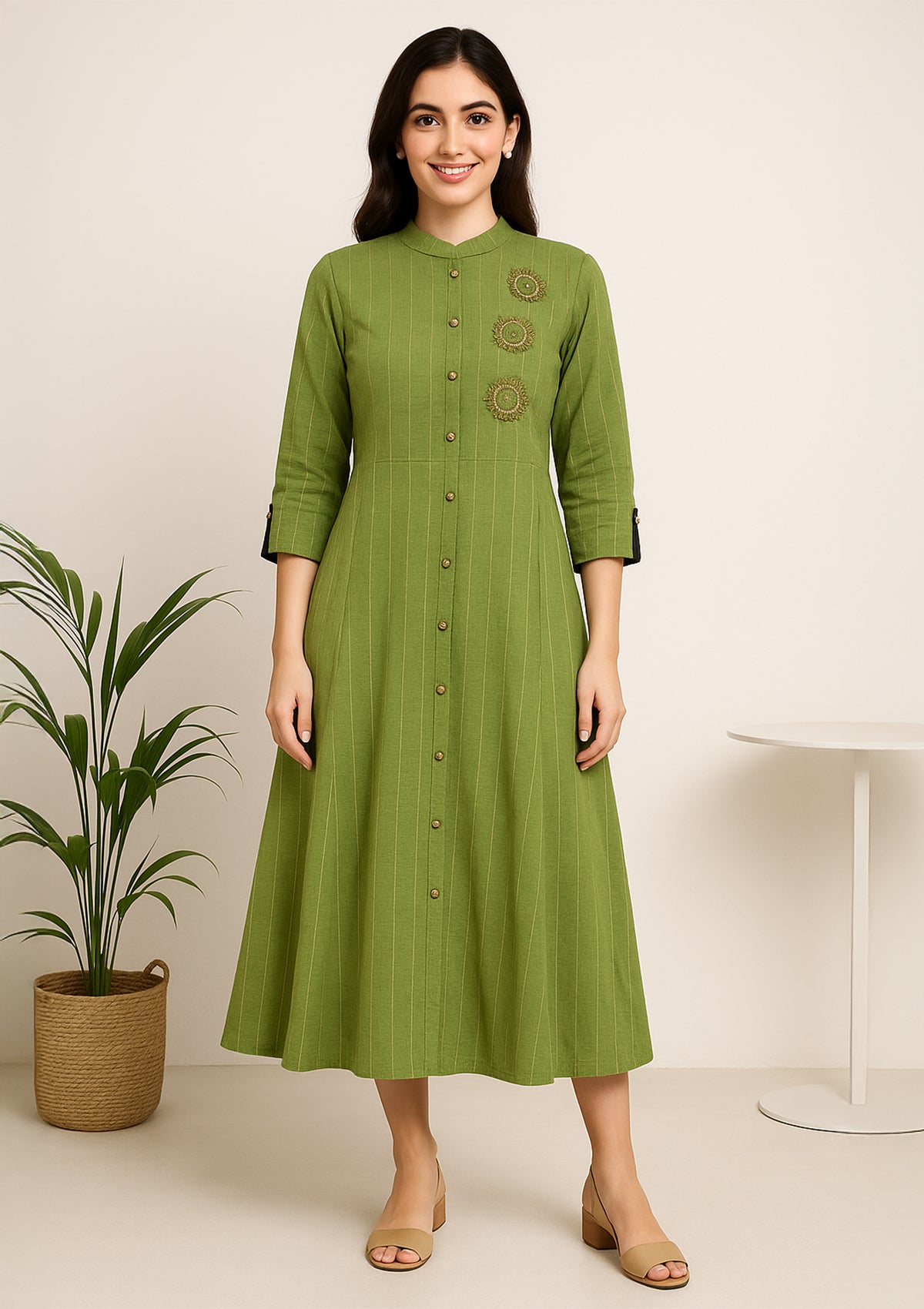 Green Chanderi Silk One Piece Gown - Front Button Embroidered Maxi