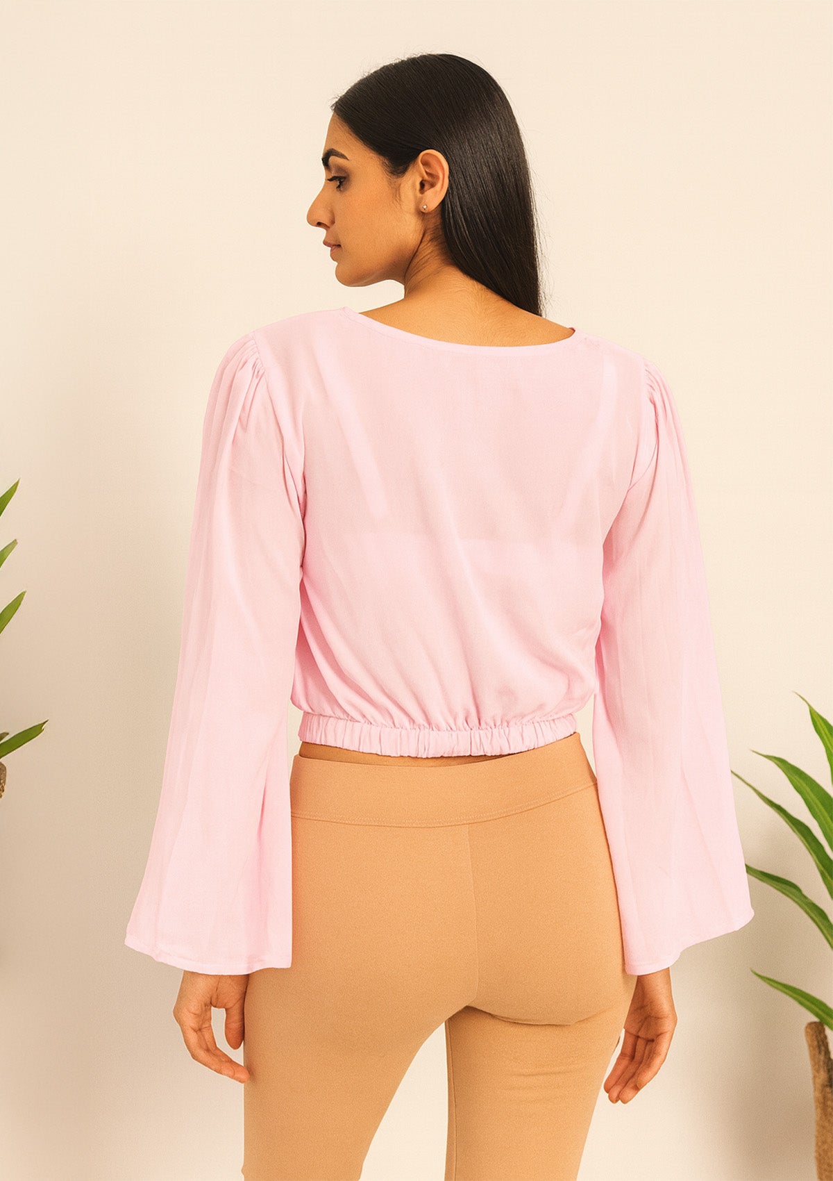 Women’s Baby Pink Georgette Balloon Sleeve Short Top