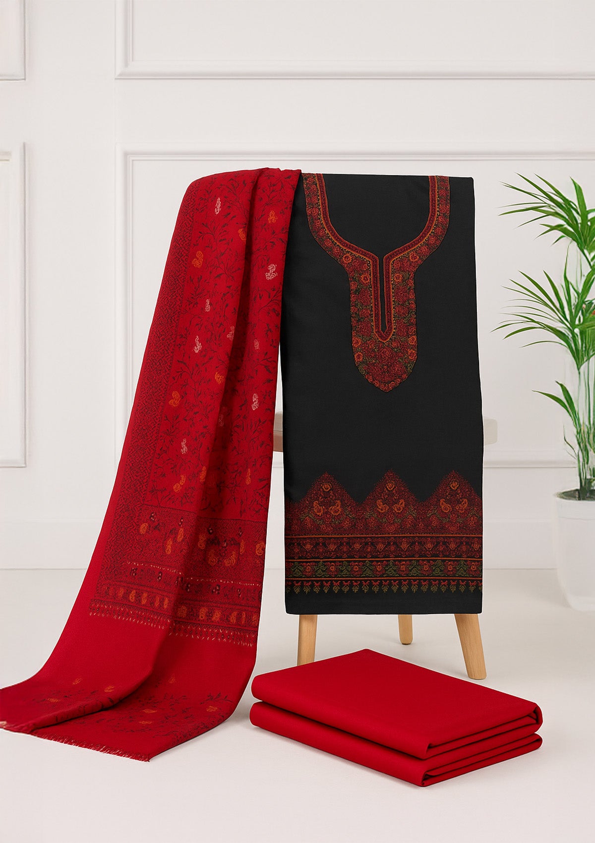 Unstitched Woolen Suit Set with Stole – Embroidered Neck Panel