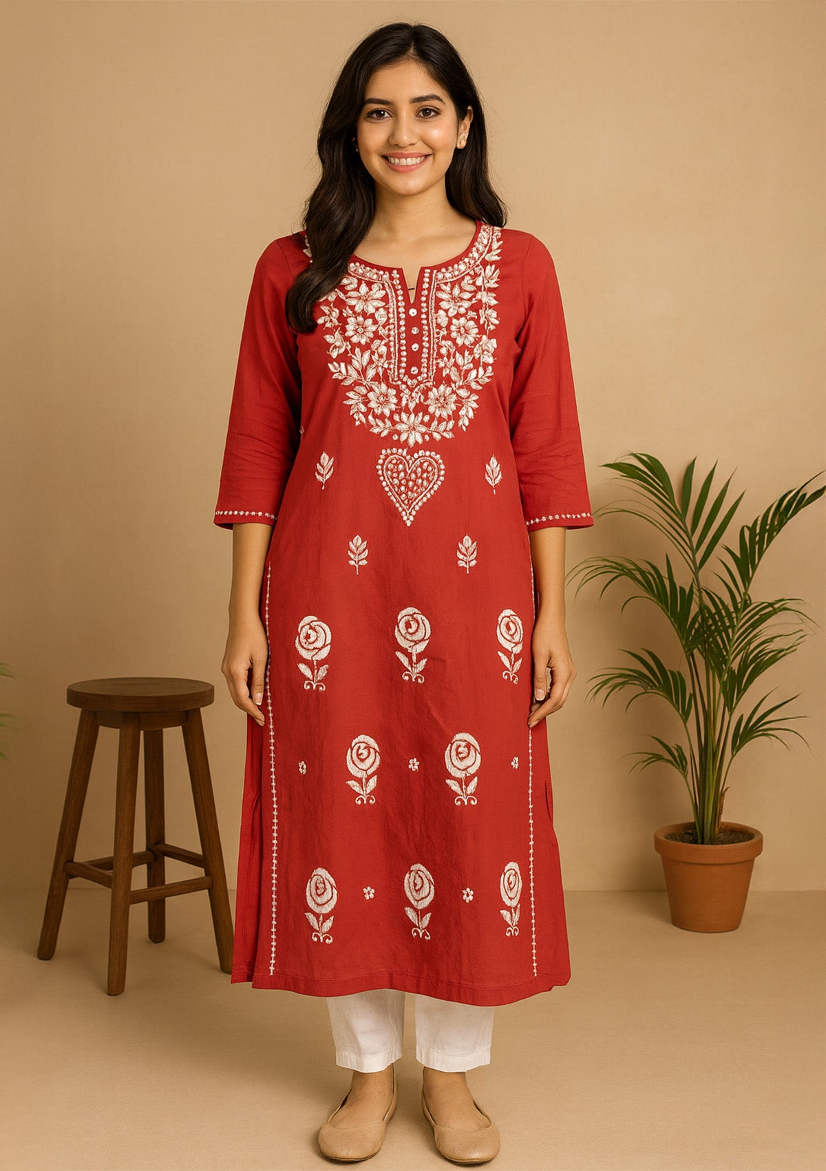 Chikankari Embroidered Women’s Kurti – Red (Rayon)
