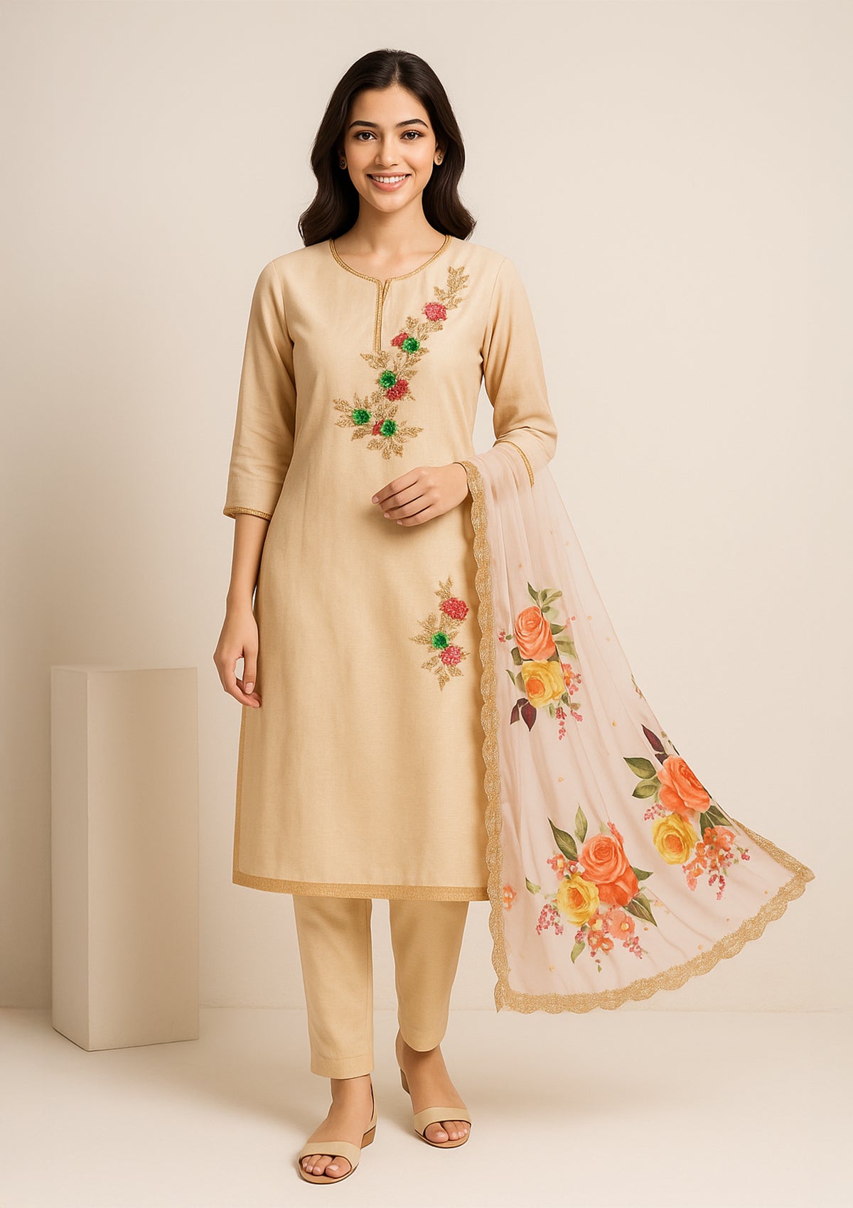 Beige Silk Unstitched Suit with Embroidered Top & Printed Floral Silk Dupatta