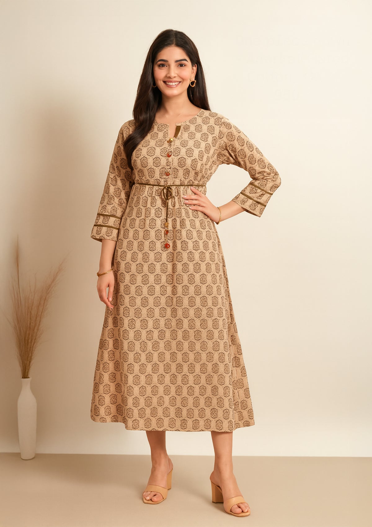 Beige Printed Cotton One Piece Gown – Ethnic Straight Maxi Dress