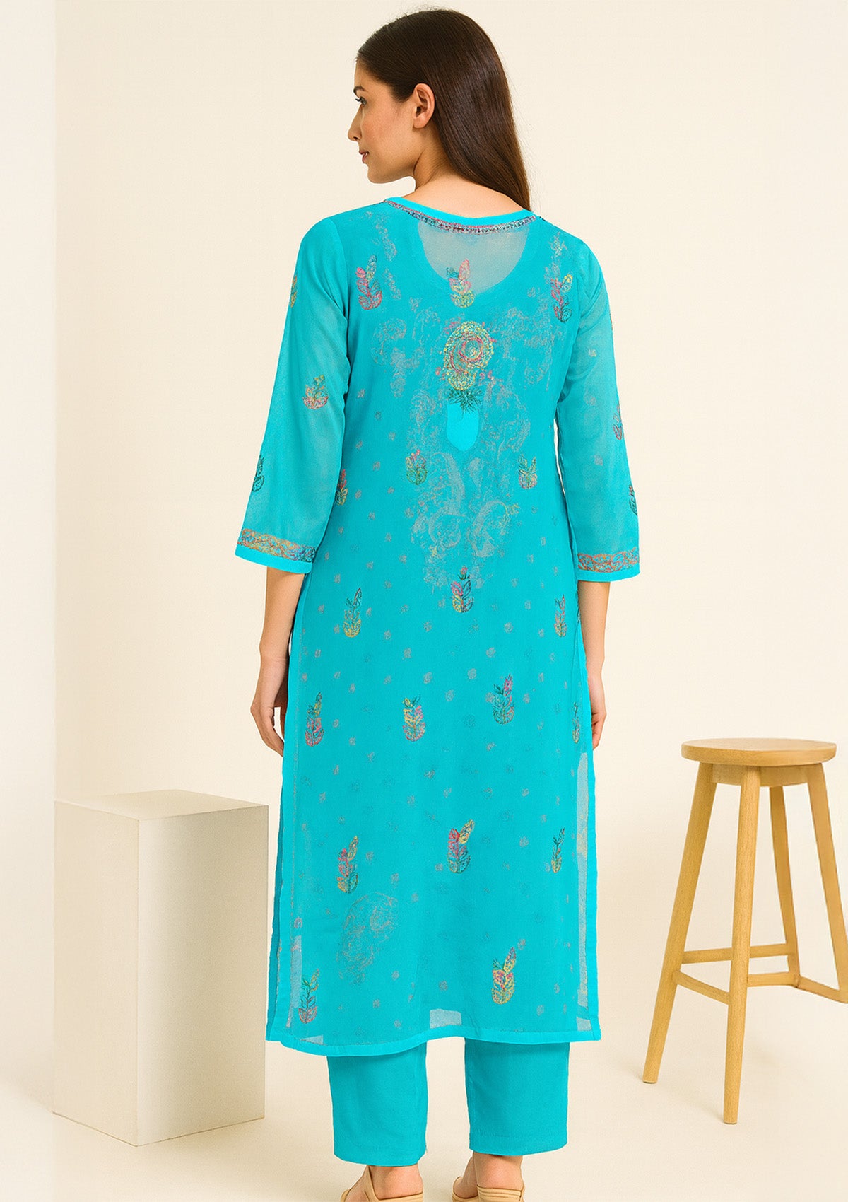 Aqua Blue Georgette Kurti with Multicolor Chikankari Embroidery