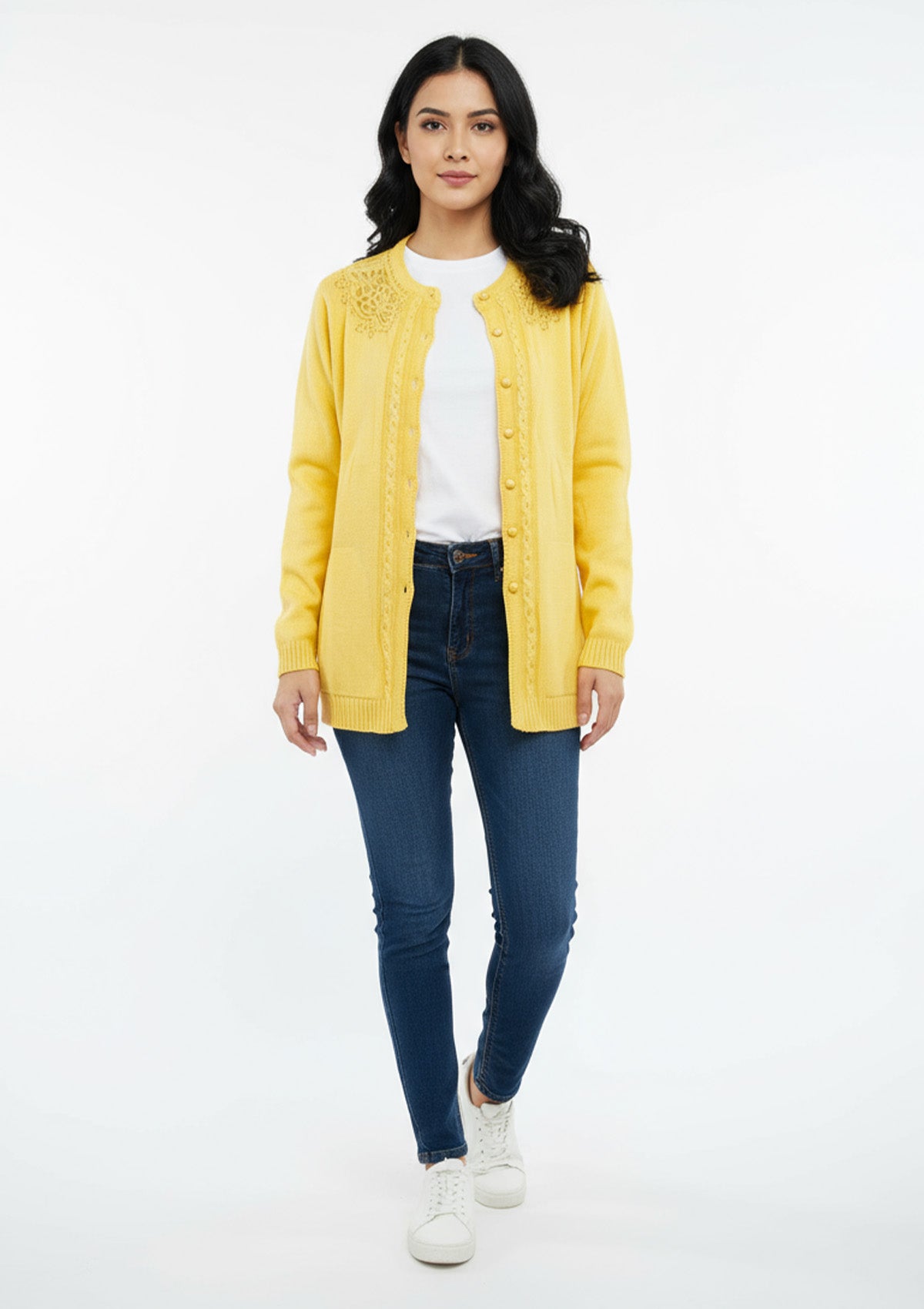 Women's Yellow Embellished Yoke Cardigan – Pearl Bead Detail