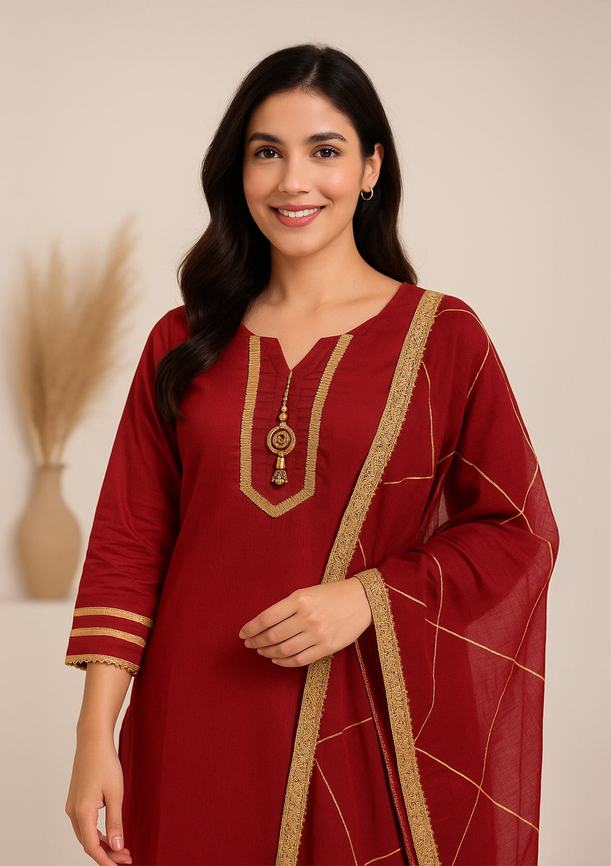Maroon Georgette Kurti with Golden Lace – Three-Piece Designer Suit Set